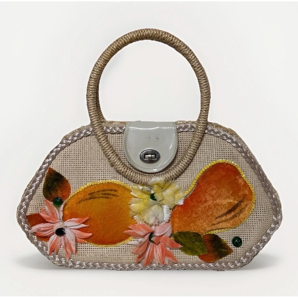 Vintage Woven Straw‎ Fruit Handbag Velvet Orange Pear Applique Made in Japan